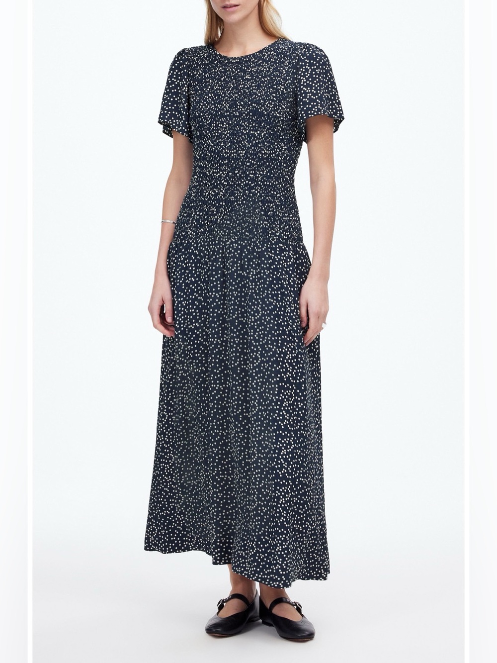 Madewell Women’s Flutter Sleeve Navy & White Polka Dot Smocked Maxi Dress Size 4